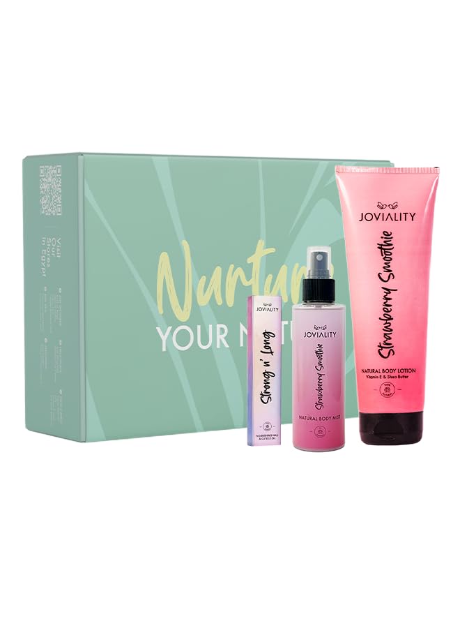 Joviality Strawberry Glow Essentials Kit – Body Lotion + Body Mist + Nail & Cuticle Oil Set – Hydrating Strawberry Scented Skincare & Self Care Bundle -