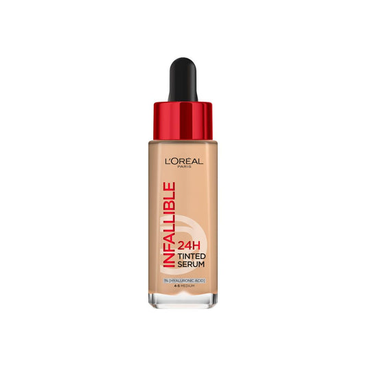 L’Oréal Paris Infallible 24H Tinted Serum Foundation with 1% Hyaluronic Acid, with 1% Hyaluronic Acid for Radiant Hydrated Skin, Light to Medium Coverage, 24H Longwear, Transfer-proof 30ml, Medium 4-5