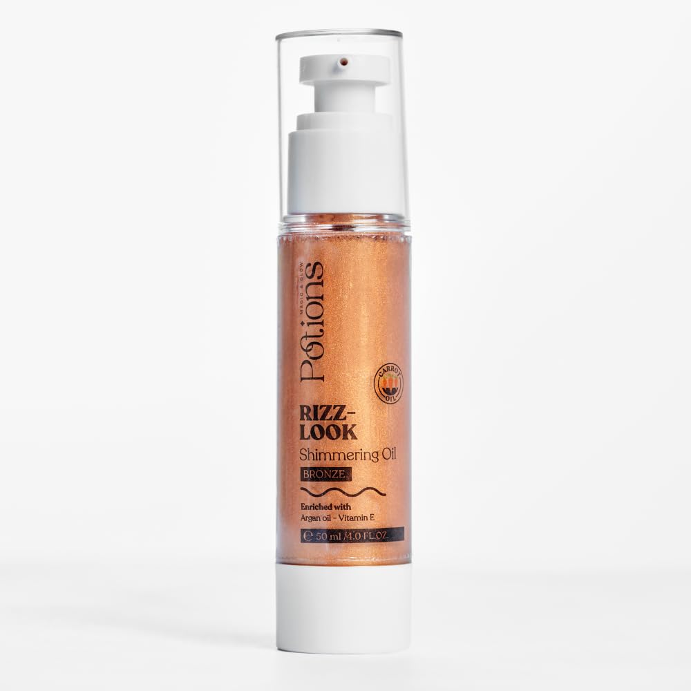 Potions Rizz Look Shimmering Body Oil – Golden Glow with Argan, Jojoba, Carrot & Grape Seed Oils – Moisturizing Body Highlighter with Vitamin E – Non-Greasy Glow Finish