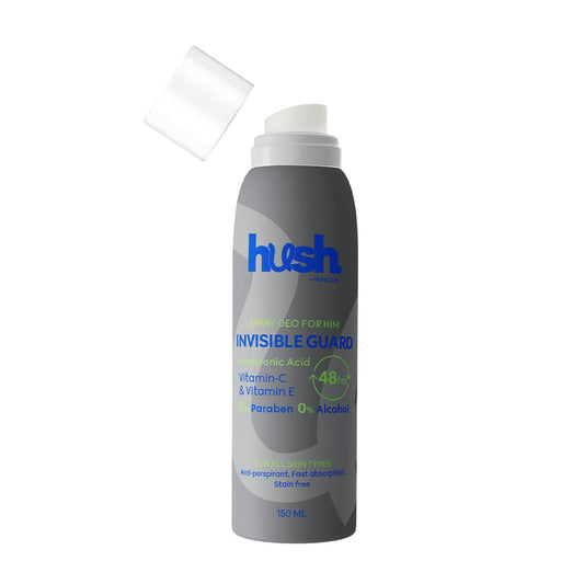 Hush Skincare Invisible Guard for Him Spray Deodorant, 150 ml – Scent: Woody, citrus amber– Skin-Nourishing with Hyaluronic Acid, Vitamins C & E – Alcohol-Free, Paraben-Free