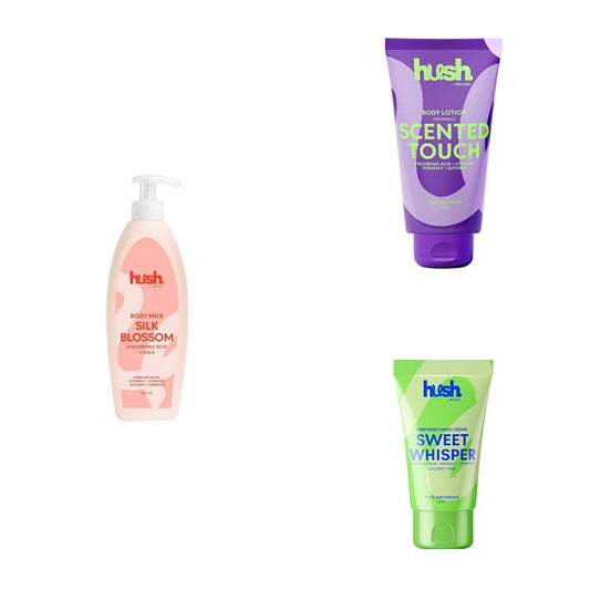 Hush Skincare Silk Blossom Hydration Trio – Body Milk, Body Lotion & Hand Cream Set