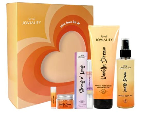 Joviality Skin Love Kit - Vanilla Dream- Body Lotion + Body Mist+ Nail & Cuticle Oil + Lip Balm + Lip Scrub Set - Valentine Gift