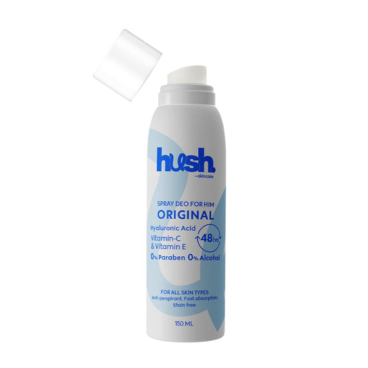 Hush Skincare Original for Him Spray Deodorant, 150 ml – Scent: Oriental Vanilla – Skin-Nourishing with Hyaluronic Acid, Vitamins C & E – Alcohol-Free, Paraben-Free