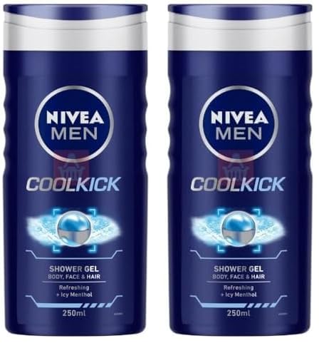 NIVEA MEN 3in1 Shower Gel Body Wash, Cool Kick 24h Fresh Effect Masculine Scent, 250ml (Pack of 2)