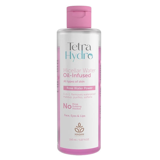 Tetra Hydro Oil-Infused Micellar Water, Rose Water Power, 3-in-1 Makeup Remover for Face, Eyes and Lips, oil infused micellar, purifies skin, hydration for all skin types,150ml