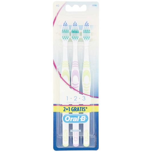 Oral-B Classic Care Manual Toothbrush Medium 40, Ergonomic Handle and Control, Reaches Difficult Areas, Pack of 3 - Multi-Colored