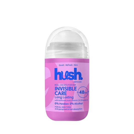 Hush Skincare Invisible Care for Her Roll-On Deodorant, 50 ml – Scent: Fruity Floral Sweet – Skin-Nourishing with Hyaluronic Acid, Vitamins C & E – Alcohol-Free, Paraben-Free