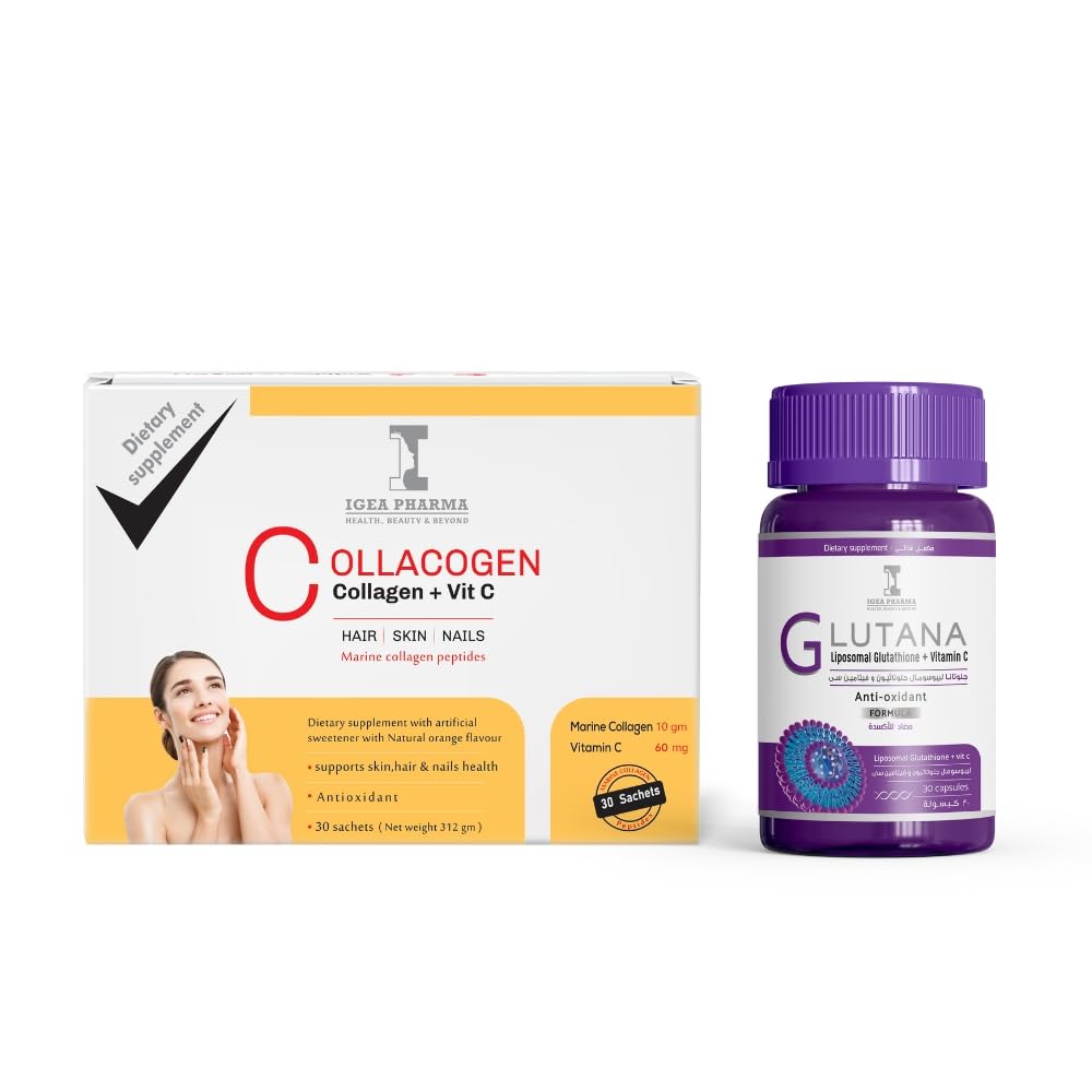 Igea Glutana 30 Capsules & Collacogen Orange 30 Sachets - With Vitamin C & Natural Orange Flavour - Skin Anti-Oxidant Supports & Facial Fine Lines and Wrinkles