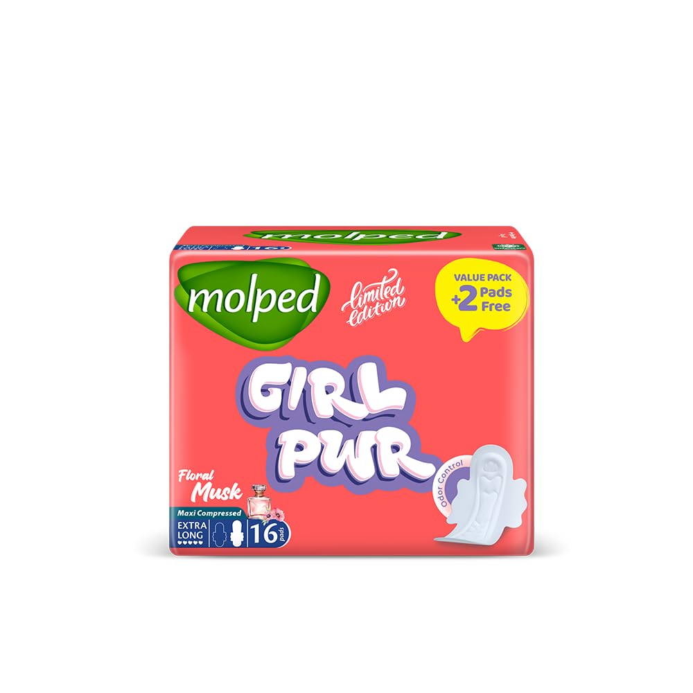 Molped Girl Power Sanitary Pad, Extra Long, Value Pack 16 Units, Cotton Material, Maxi Compressed, Floral Musk for Heavy Flow