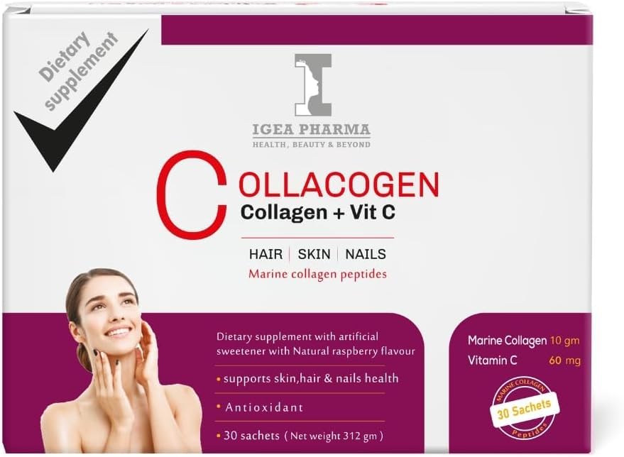 Igea Collacogen & Vit C Raspberry 30 Sachets 312 GM - With Natural Raspberry Flavour Facial Fine Lines and Wrinkles - Skin and Nails With Shine Hair-Antioxidant