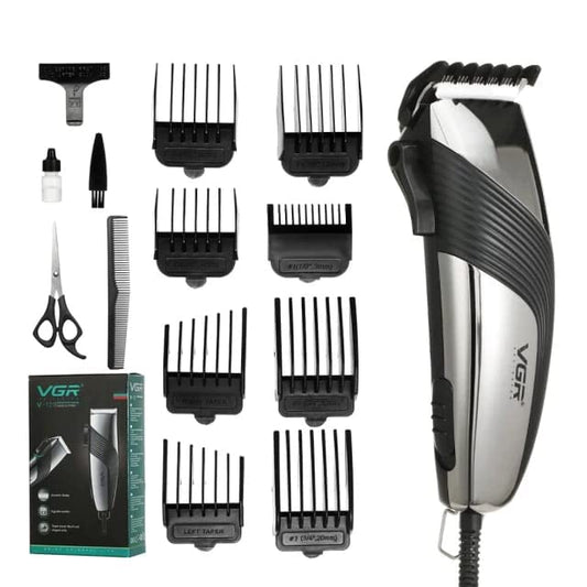 VGR V-121 Professional Hair Clipper with Self Sharpening Blades, 8 Guide Combs, Scissors, Comb, Taper Lever Adjustments for close cut trimming for men, Corded (Black)