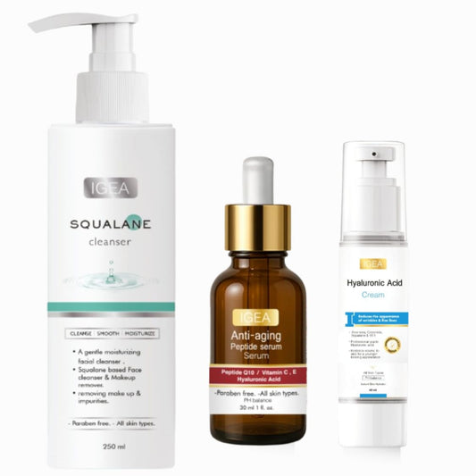 Igea Skin Care Set Squalane Cleanser (250ml) And Anti-aging Peptide Serum (30ml) & Hyaluronic Acid Cream (40ml) - Skin Renewal Wrinkle & Fine Line Reduction