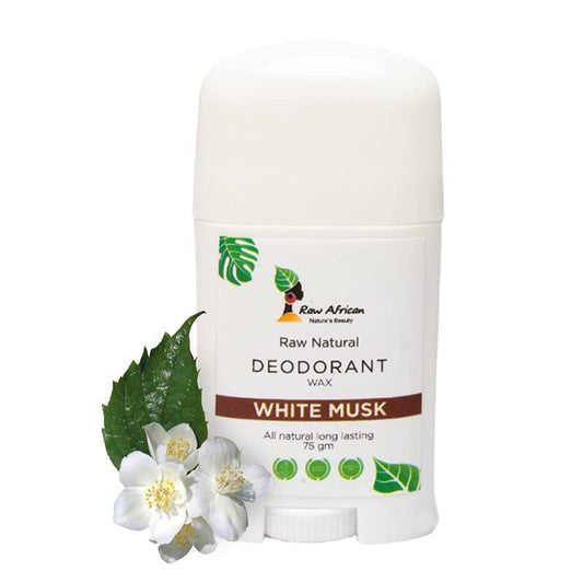 Raw African | Natural Deodorant | Long Lasting | Natural Honey Wax | Aluminum Free | No Harsh Chemicals | No Clogged Pores | Shea Butter | Coconut Oil | White Musk | 75gm