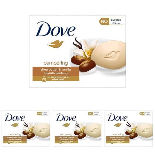 Dove bar soap Pampering Beauty Cream, for all skin types, Shea Butter & Vanilla with 1⁄4 moisturizing cream 90G (Pack of 4)