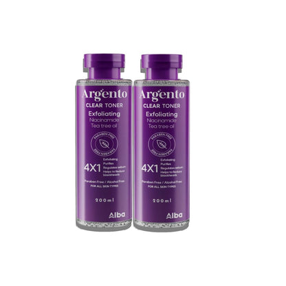 Alba Pharma Offer of 1+1 Argento Clear toner, 200 ml size, with the power of green tea oil: known for its effectiveness as a natural antibiotic, thus eliminating the bacteria that cause acne. Salicylic acid.