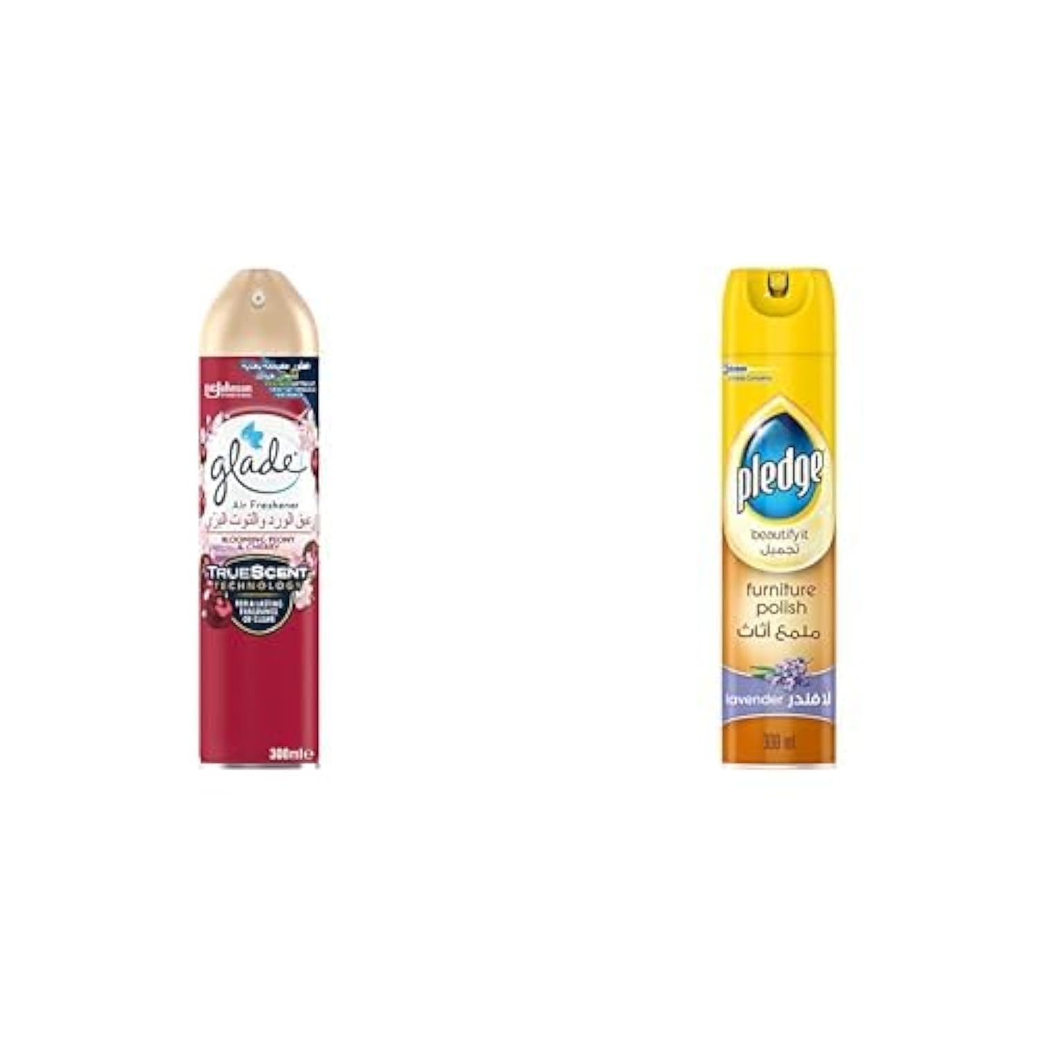 Glade Aerosol Blooming Peony & Cherry Air Freshener, 300ml + Pledge Beautify It Furniture Polish Spray, Lavendar Scent, 300ml