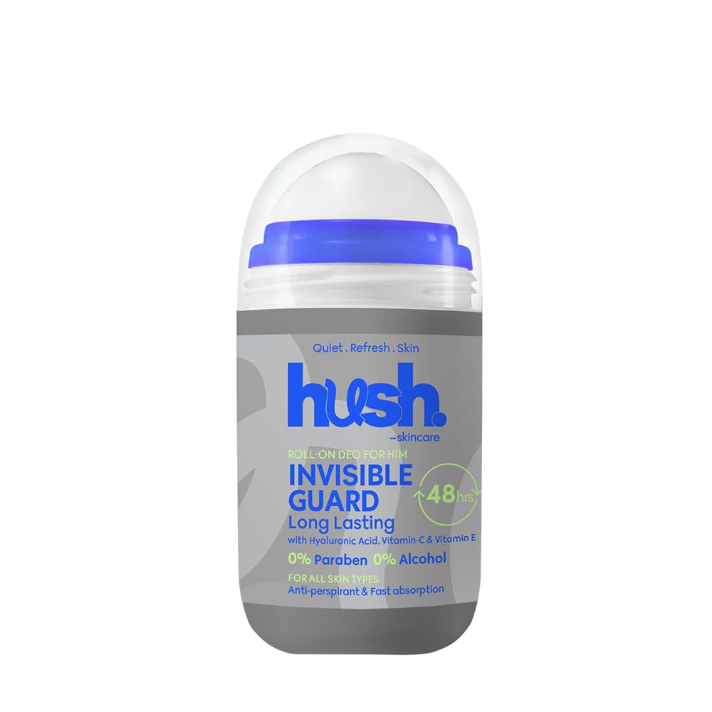 Hush Skincare Invisible Guard for Him Roll-On Deodorant, 50 ml – Scent: Woody, citrus amber – Skin-Nourishing with Hyaluronic Acid, Vitamins C & E – Alcohol-Free, Paraben-Free