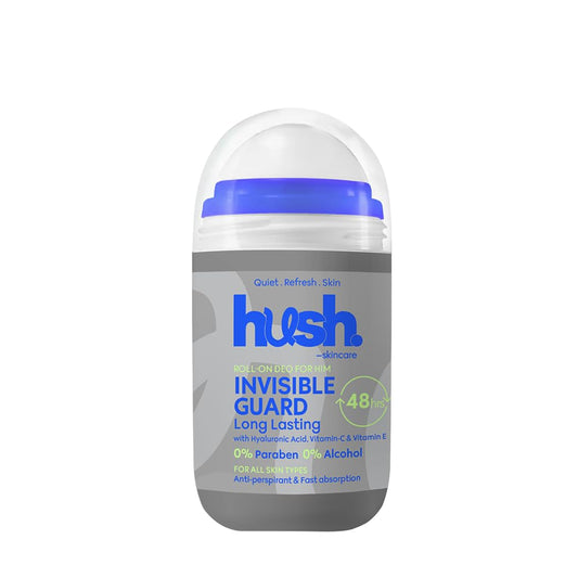 Hush Skincare Invisible Guard for Him Roll-On Deodorant, 50 ml – Scent: Woody, citrus amber – Skin-Nourishing with Hyaluronic Acid, Vitamins C & E – Alcohol-Free, Paraben-Free