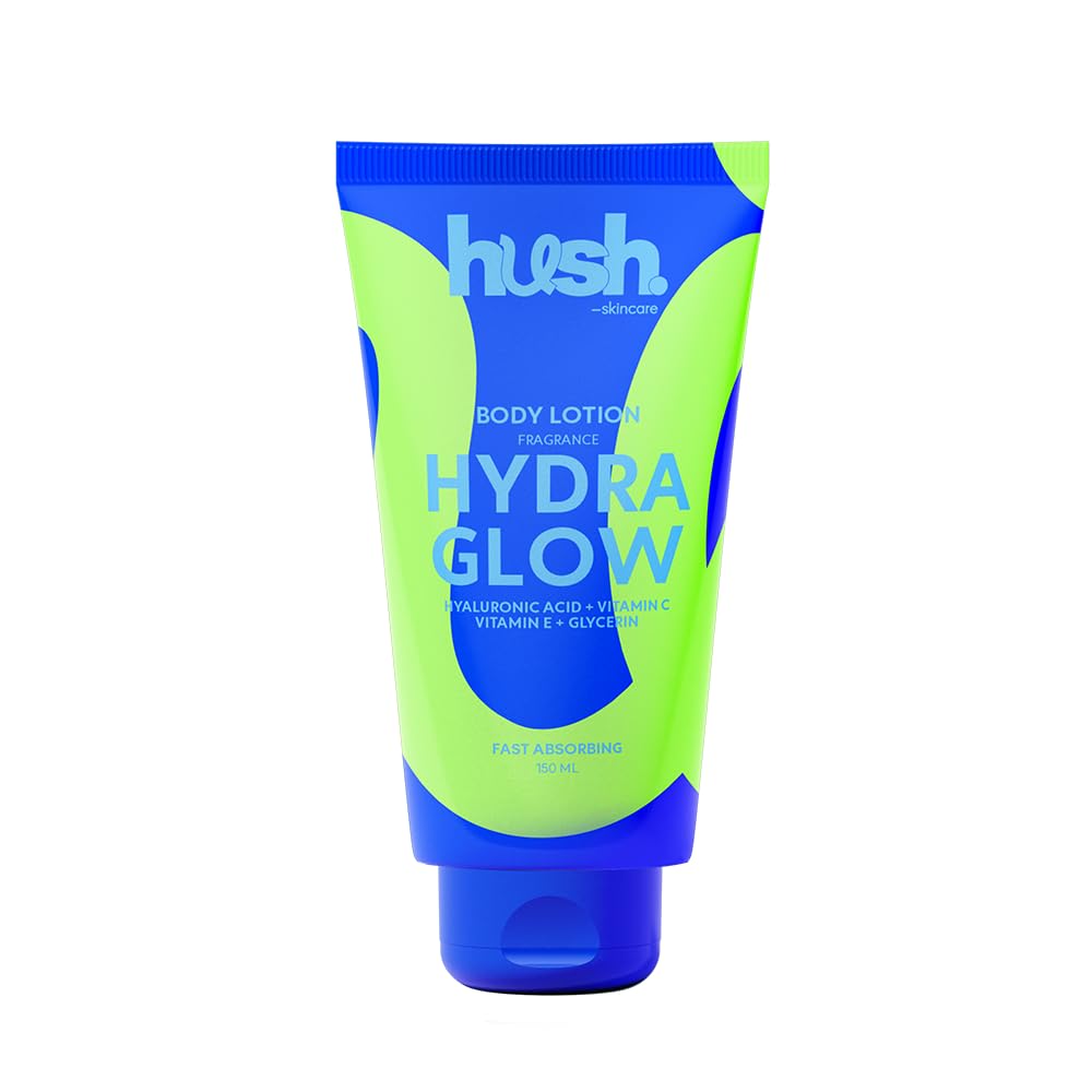Hush Skincare Hydra Glow Body Lotion with Hyaluronic Acid, Vitamins C+E, and Glycerin – Sweet Lavender, Vanilla & Fruits Scent – 150 ml