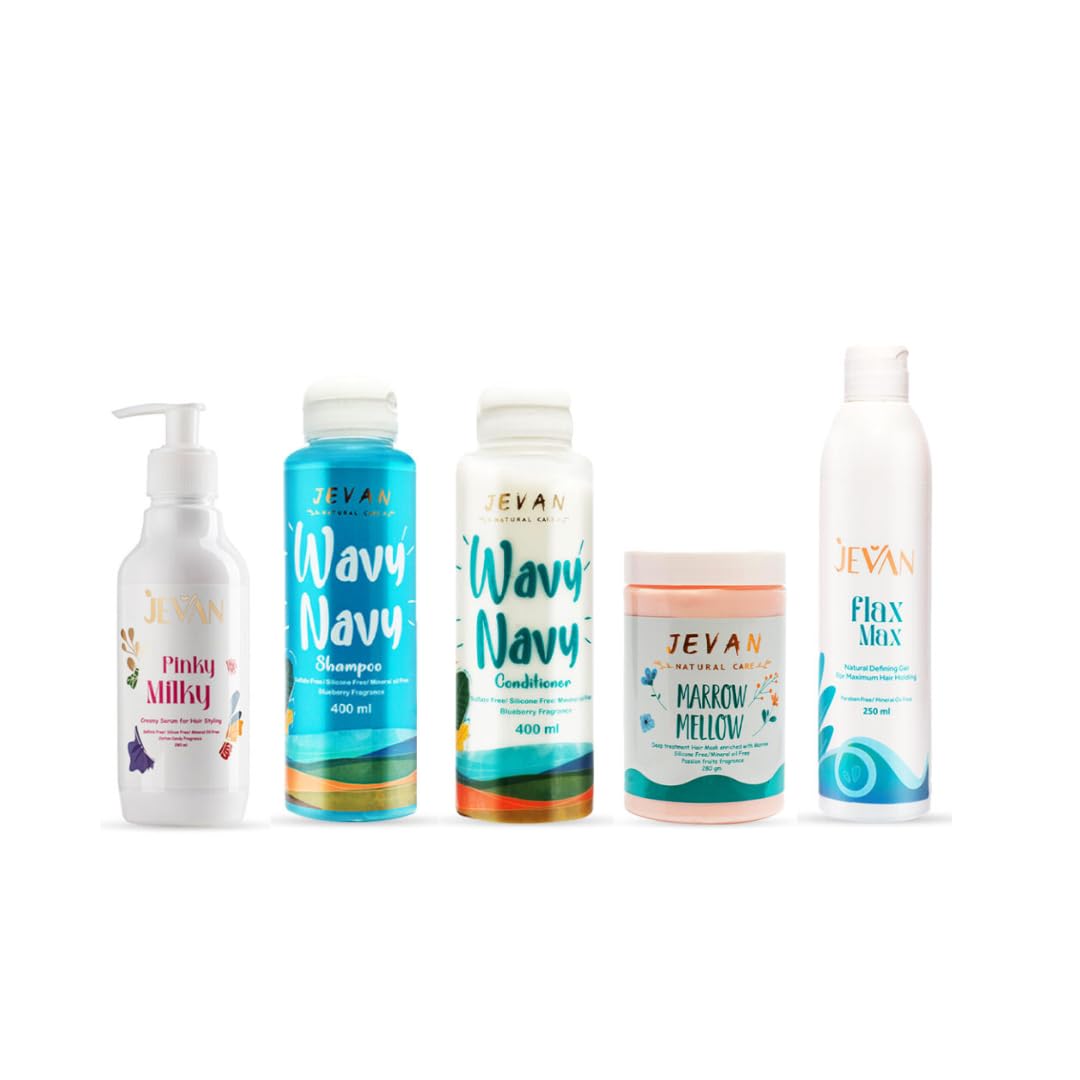 JEVAN Dry Hair Sea Styling Set (Pinky Milky Leave-In + Flax Max Hair Gel + Wavy Navy Shampoo + Wavy Navy Conditioner + Marrow Mellow Mask)