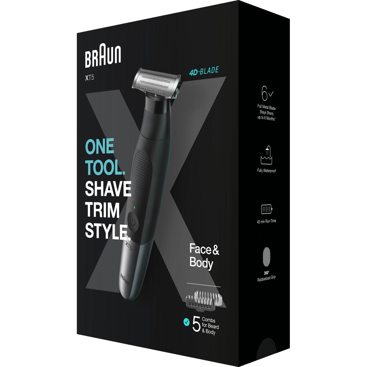 Braun Series X Wet & Dry All-in-One Trimmer for Beard, Body, and Facial Grooming with 5 Attachments, SkinGuard Comb, Waterproof, Rechargeable, Precision Trimming, Black/Silver – XT5100