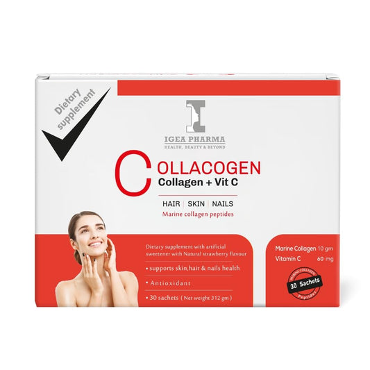Igea Collacogen & Vit C Strawberry 30 Sachets 312 GM - With Natural Strawberry Flavour - Facial Fine Lines and Wrinkles - Skin and Nails With Shine Hair-Antioxidant