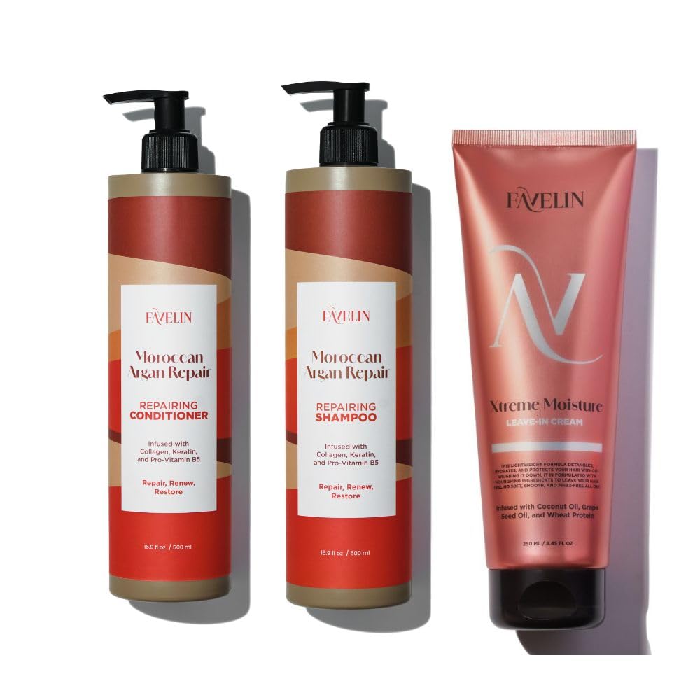 Favelin Moroccan Argan Repair Set Shampoo (500 ml) and Conditioner (500 ml) & Xtreme Moisture Leave-in Cream (250ml) Hydration & Frizz Control - Smooths Every Strand