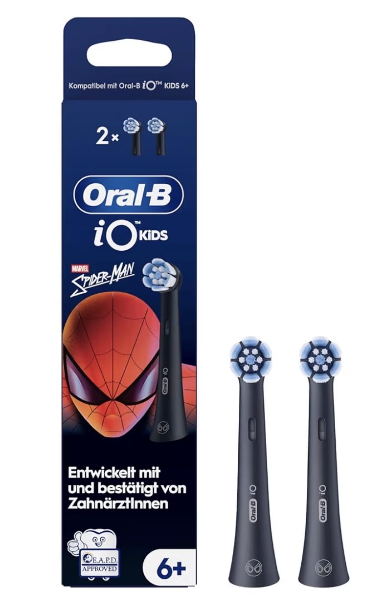 Oral-B iO Kids 6+ Marvel Spiderman Replacement Toothbrush Heads - Original Toothbrush Attachment for Oral-B iO Kids Electric Toothbrushes Children, Gentle on Teeth and Gums, from 6 Years - Black, Pack