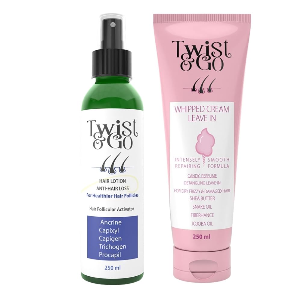 Twist & Go Anti-Hair Loss Lotion 250ml + Twist & Go Whipped Cream Leave-In 250gm - Styling and Detangling| For Dry and Frizzy Hair |With Capixy - Jojoba Oil and Shea Butter - Moisturizes Hair