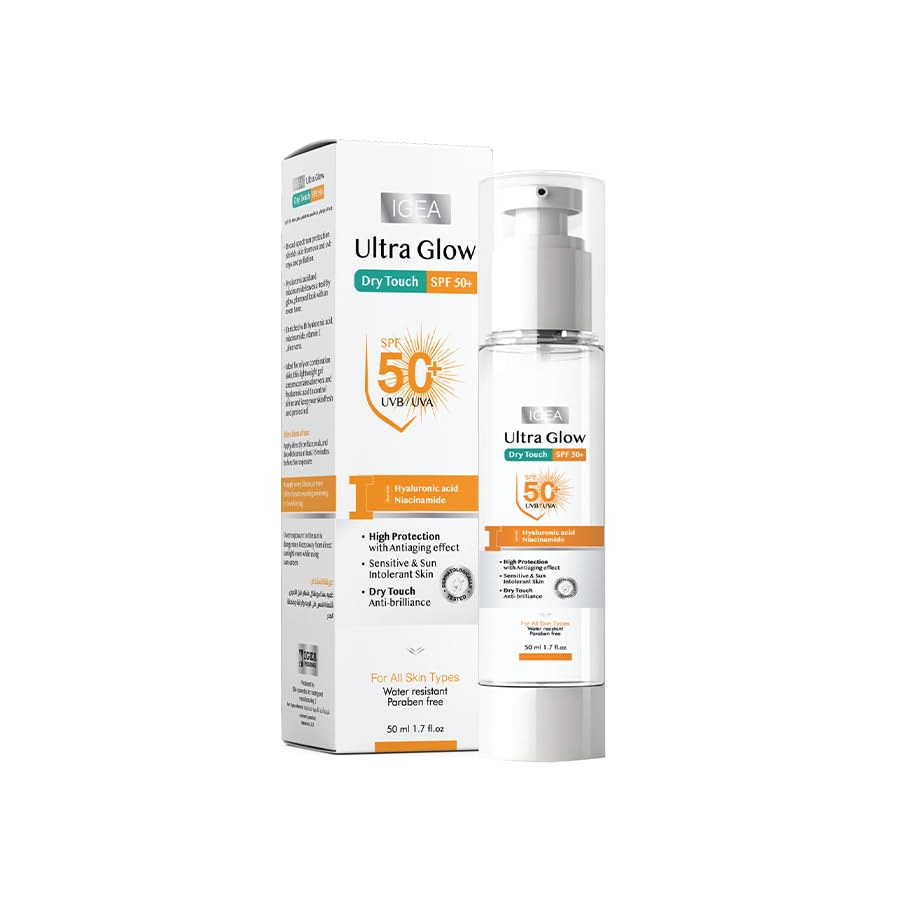 Igea Pharma Ultra Glow Dry Touch SPF 50+ Sunscreen, Broad Spectrum UVA/UVB Protection, Oily/Combination Skin, Hyaluronic Acid