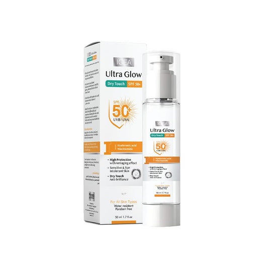 Igea Pharma Ultra Glow Dry Touch SPF 50+ Sunscreen, Broad Spectrum UVA/UVB Protection, Oily/Combination Skin, Hyaluronic Acid