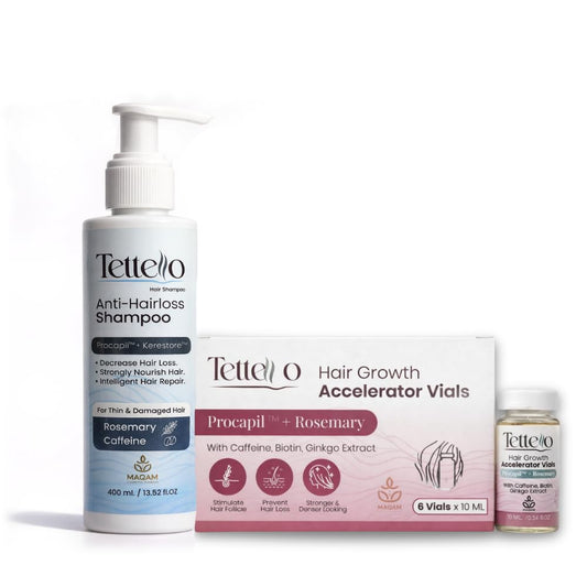 Tettello Revitalizing Hair & Scalp Support System This premium care set uses Procapil, Rosemary, & Caffeine to nourish the scalp & promote the appearance of thicker, fuller, and more resilient hair.