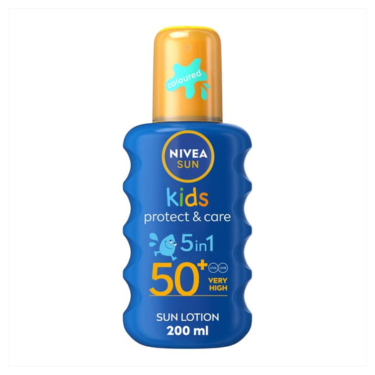 NIVEA SUN Kids Protect & Care SPF 50+ Coloured Spray (200ml), Sunscreen Protects Delicate Skin Against Sunburn and Long-Term UV Damage, Moisturising Spray