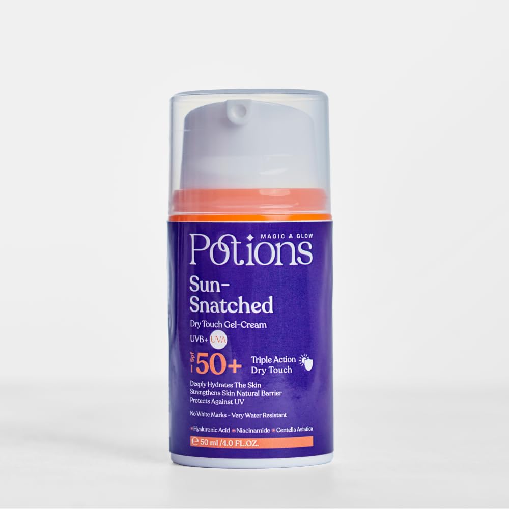 Potions Sun Snatched Dry Touch Gel Cream Sunscreen SPF50+ – Broad Spectrum UVA/UVB Protection – Matte Finish, No White Cast – With Hyaluronic Acid, Niacinamide, Cica, Aloe Vera & Vitamin E – 50ml