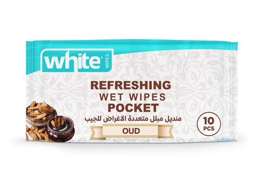 White Pocket Refreshing Oud Scent Wet Wipes - 10 Sheets | Pocket Size for On-the-Go