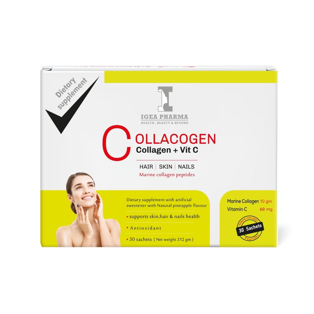 Igea Collacogen & Vit C Pineapple 30 Sachets S 312 GM - With Natural Pineapple Flavour - Facial Fine Lines and Wrinkles - Skin and Nails With Shine Hair-Antioxidant