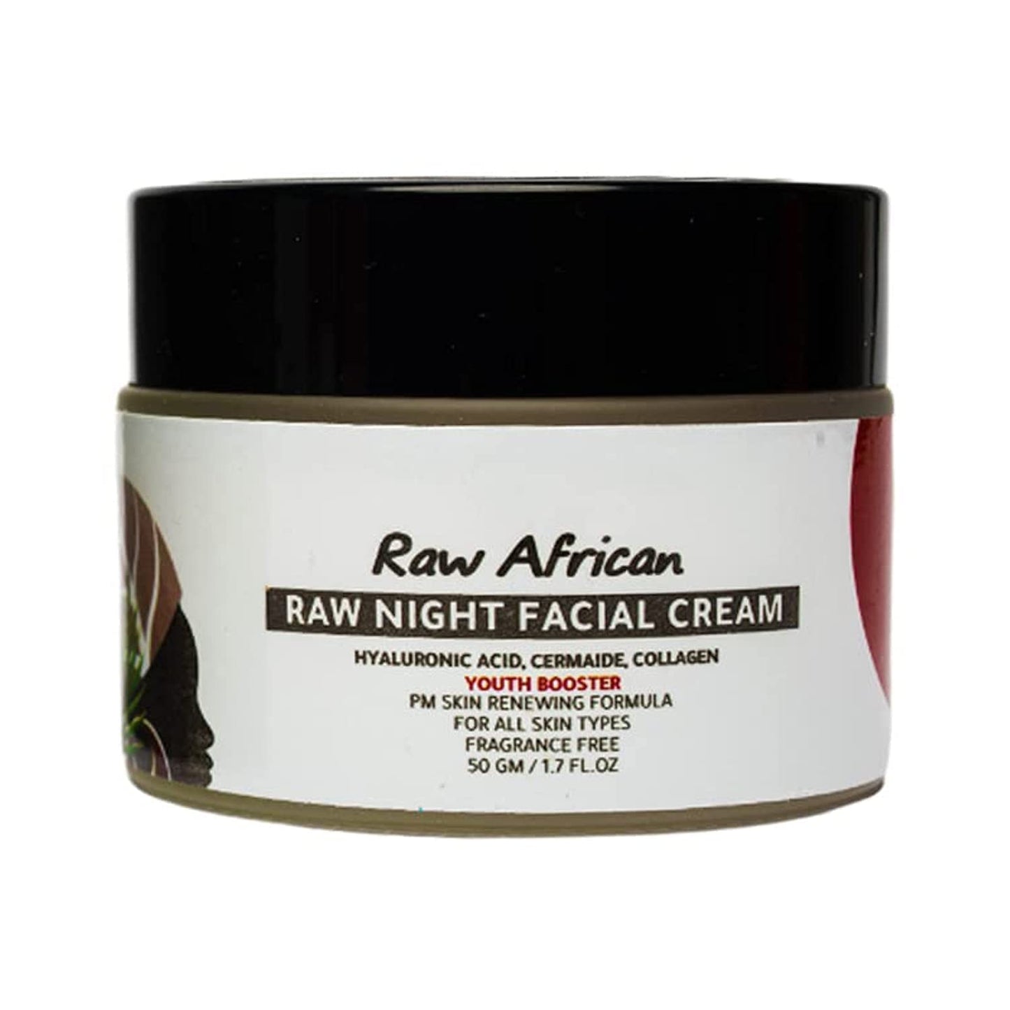 Raw African | Night Facial Cream | Youth Booster | Moisturizer | Hyaluronic Acid | Ceramides | Collagen | Nightly | All Skin Types | Skin Renewing | Fragrance-Free | Face Only | 50gm