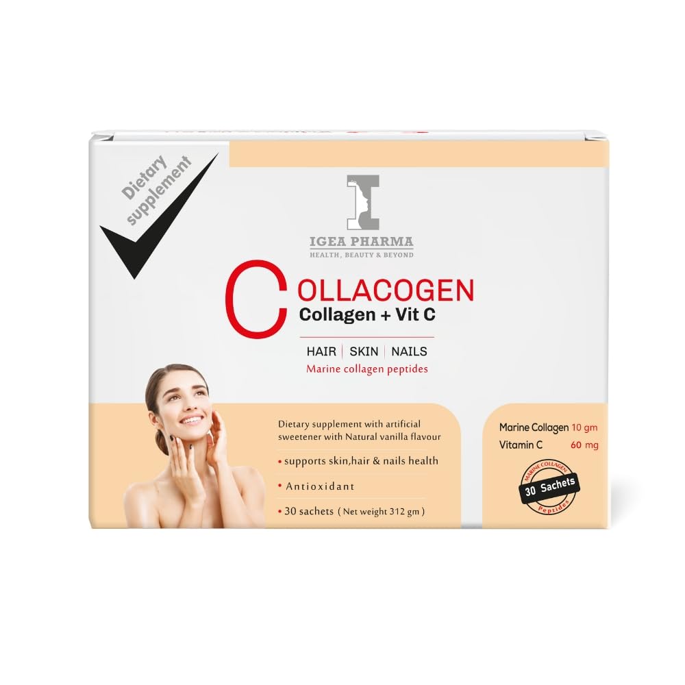 Igea Collacogen & Vit C Vanilla 30 Sachets S 312 GM - With Natural Vanilla - Facial Fine Lines and Wrinkles - Skin and Nails With Shine Hair-Antioxidant