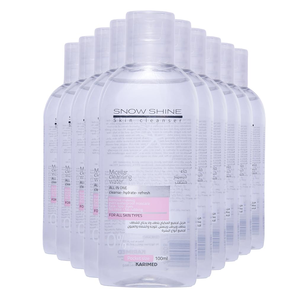 SNOW SHINE Micellar Water Makeup Remover 10Pcs 100ml each – Transparent, No Fragrance, Gentle Cleanser for All Skin Types – Removes Makeup & Impurities, Hydrating, Non-Irritating.