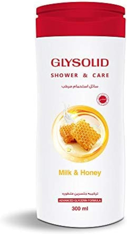 Glysolid shower & care with musk, classic, rose wild milk, honey, olive balm scents with advanced glycerin formula to softness your skin all the day (milk & honey)