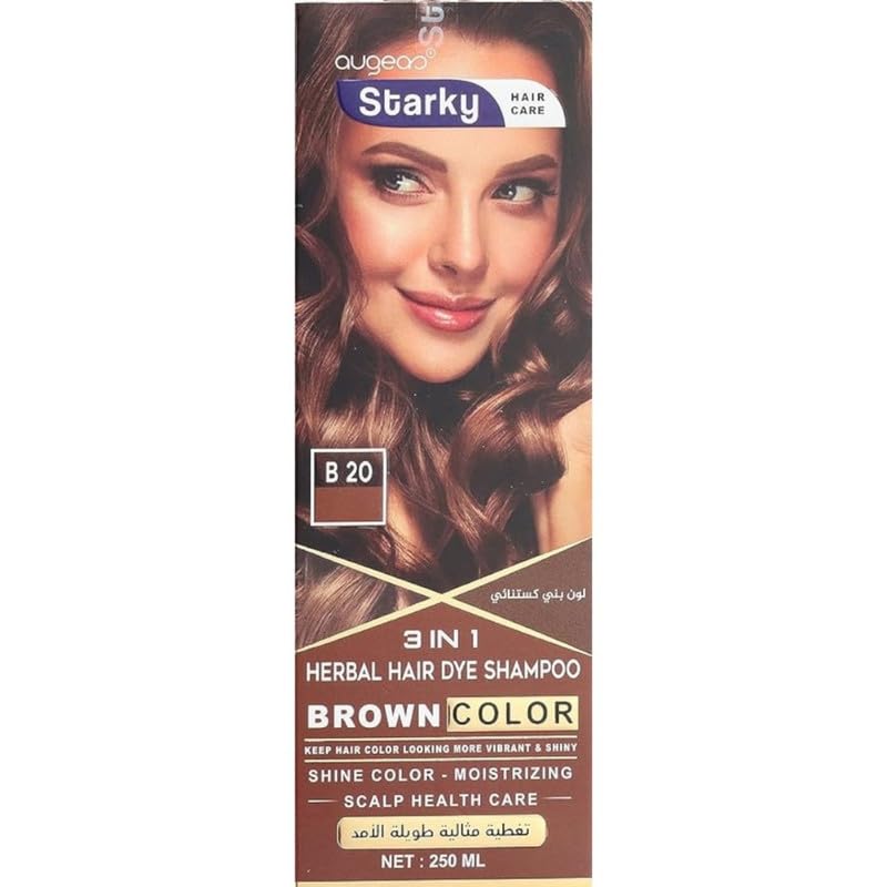 Starky Herbal Hair Dye Shampoo 3 in1 Brown Shine Color,Moisturizing,Scalp Health Care Ultra Long Lasting (B20) Color Brown-250ml