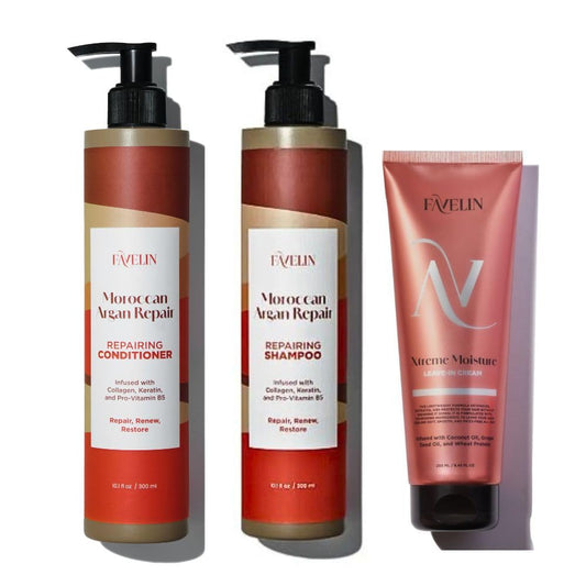 Favelin Moroccan Argan Repair Set Shampoo (300 ml) and Conditioner (300 ml) & Xtreme Moisture Leave-in Cream (250ml) Hydration & Frizz Control - Strengthens & Smooths Every Strand
