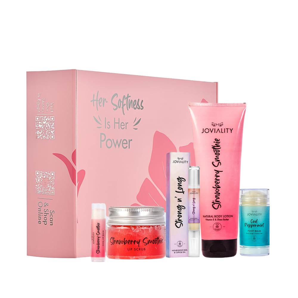 Joviality Skin Love Kit - Strawberry Smoothie - Body Lotion + Foot Balm + Nail & Cuticle Oil + Lip Balm + Lip Scrub Set