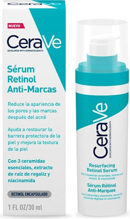 CeraVe Resurfacing RETINOL Serum For Face with niacinamide. Helps even skin tone, skin smoothness, post-acne marks & pore minimizer. Gentle, Fragrance-free, non-comedogenic, sensitive skin, 30ML