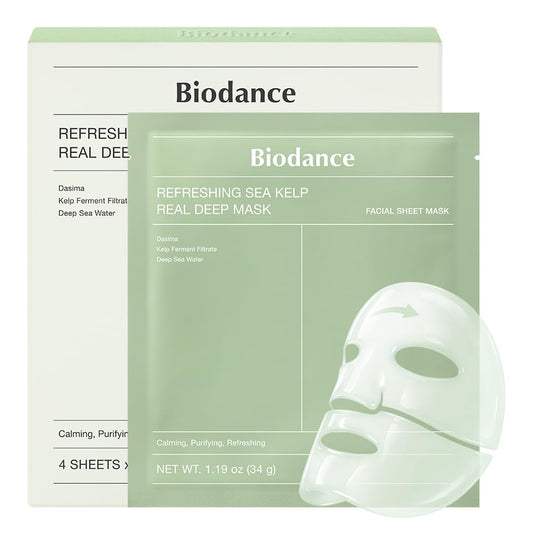 BIODANCE Refreshing Sea kelp Real Deep Mask, Overnight Hydrogel Mask, Calming, Oil & Sebum Control, Blemish Care 1.19oz(34g) x 4ea