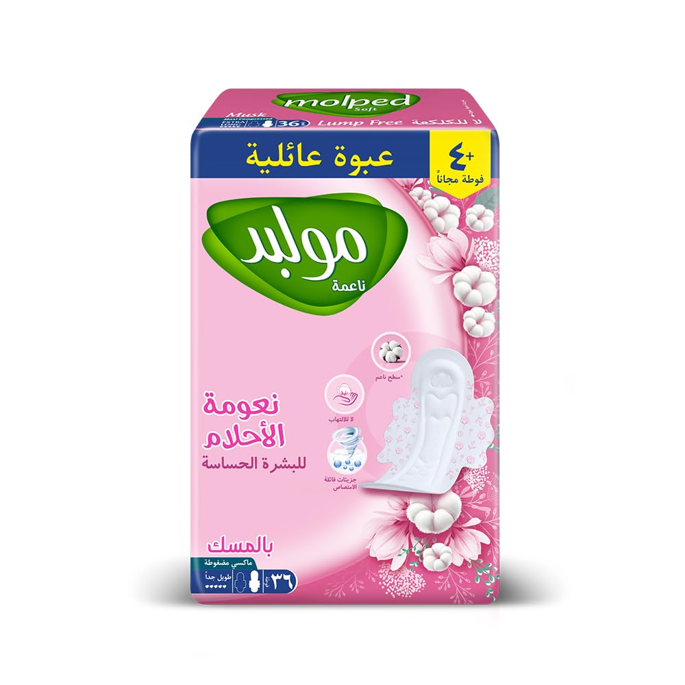 Molped Dream Softness Sanitary Pad, Extra Long, Family Pack 36 Units, Cotton Material, Maxi Compressed, Musk for Heavy Flow