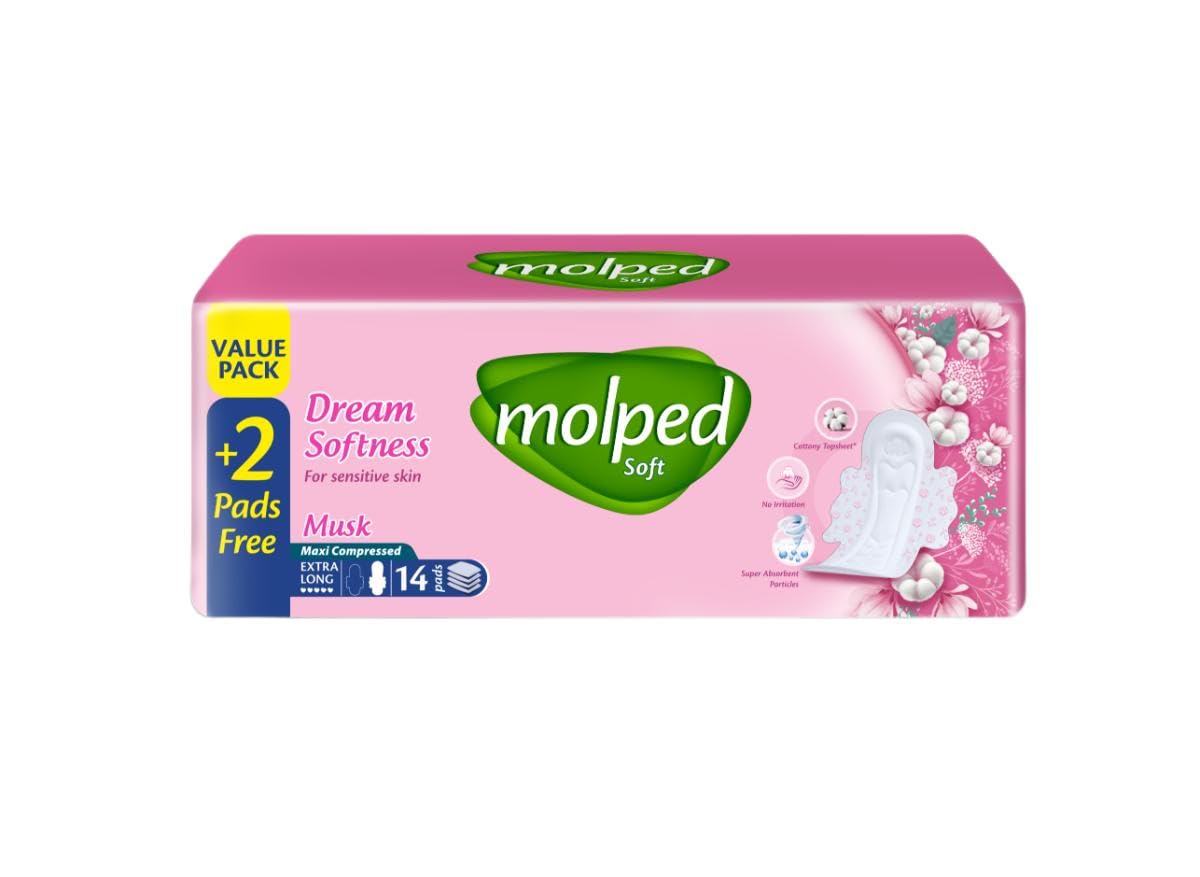 Molped Maxi Pads, 14 Count, Extra Long, Soft Cotton-Like, Value Pack, Pink