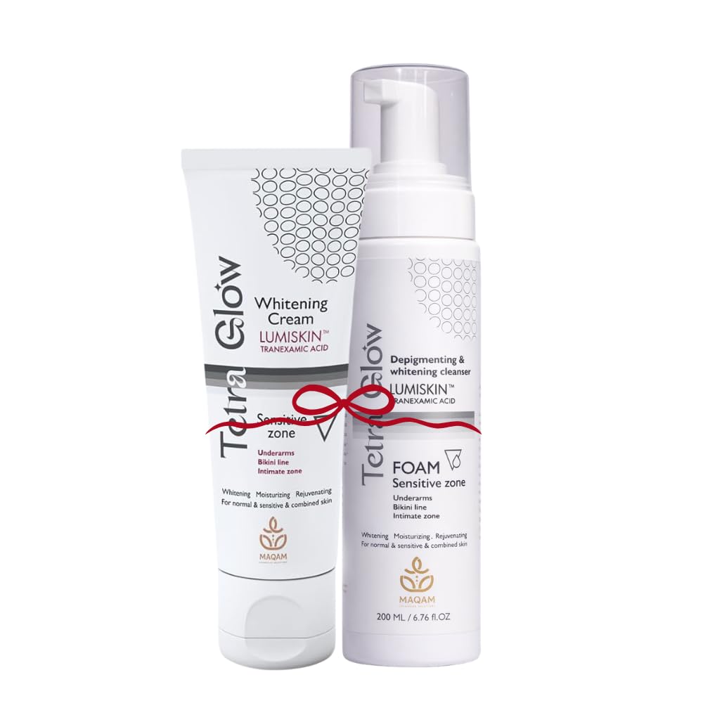 Tetra Glow Sensitive Zone Routine Lumiskin care, tranexamic acid, dark area correction, pigmentation treatment, soothing formula, non-irritating cream, daily sensitive zone care, (1 Cream + 1 Foam)