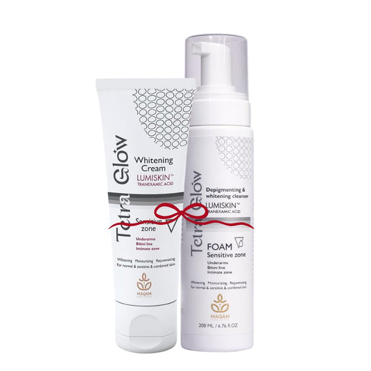 Tetra Glow Sensitive Zone Routine Lumiskin care, tranexamic acid, dark area correction, pigmentation treatment, soothing formula, non-irritating cream, daily sensitive zone care, (1 Cream + 1 Foam)