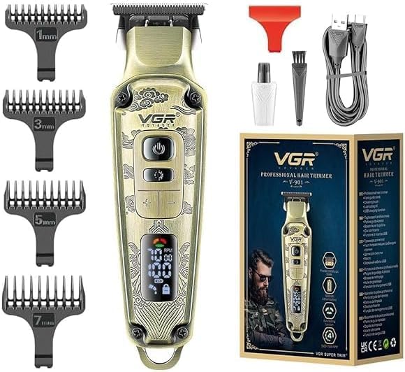 VGR Premium Metal Body Hair Clipper, LED Display, Metal Blade, Adjustable Taper Lever, 4 Guide Combs, 240 Minutes Runtime, V-901